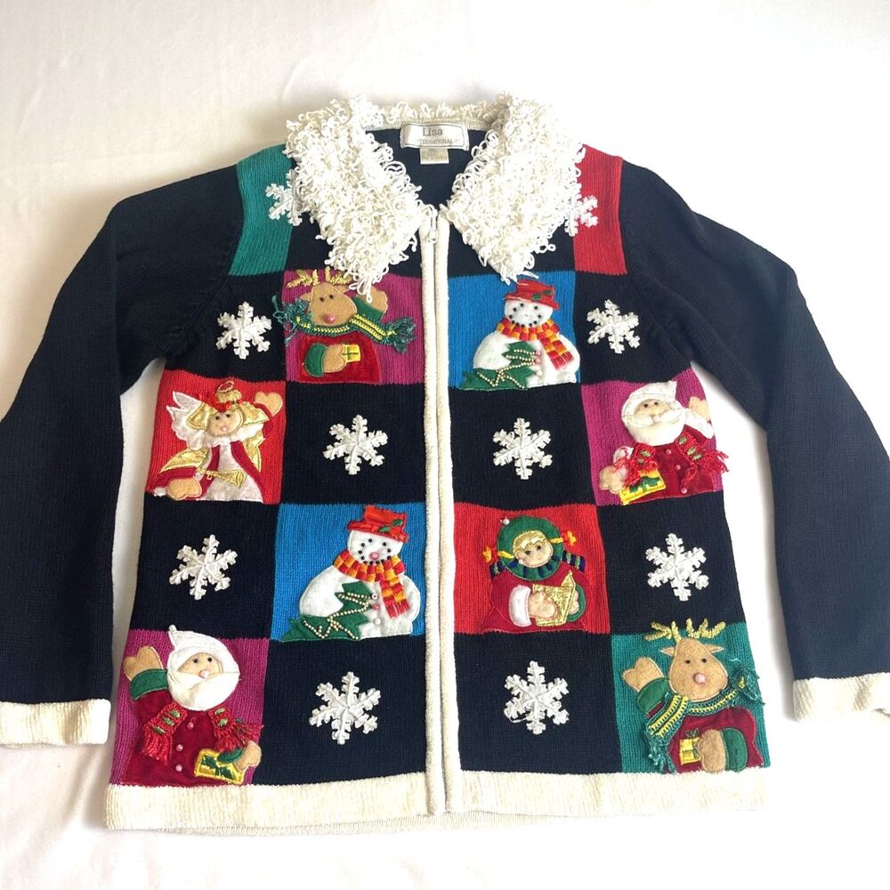 Vintage Lisa International Ugly Christmas Sweater Jacket S Holiday Embellished